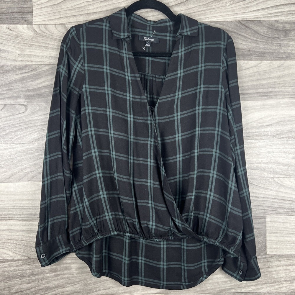 Madewell Womens Wrap Style Front Top Size S Black Green Plaid Viscose Lumberjack